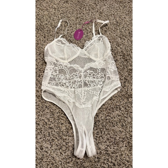 Avidlove Tops - Avidlove White Lace Bodysuit Lingerie Sheer Mesh Thong Teddy NWT Small